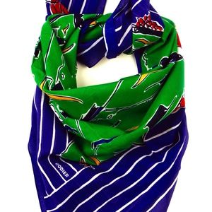 RODIER - 100% COTTON SQUARE SCARF SEAGULL SEASIDE COLLAGE Green Navy